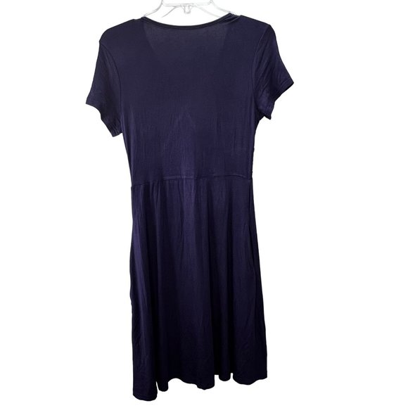 Navy Blue Knit Dress size M Pockets Stretchy Short Sleeve Flowy V Neck - Picture 3 of 4